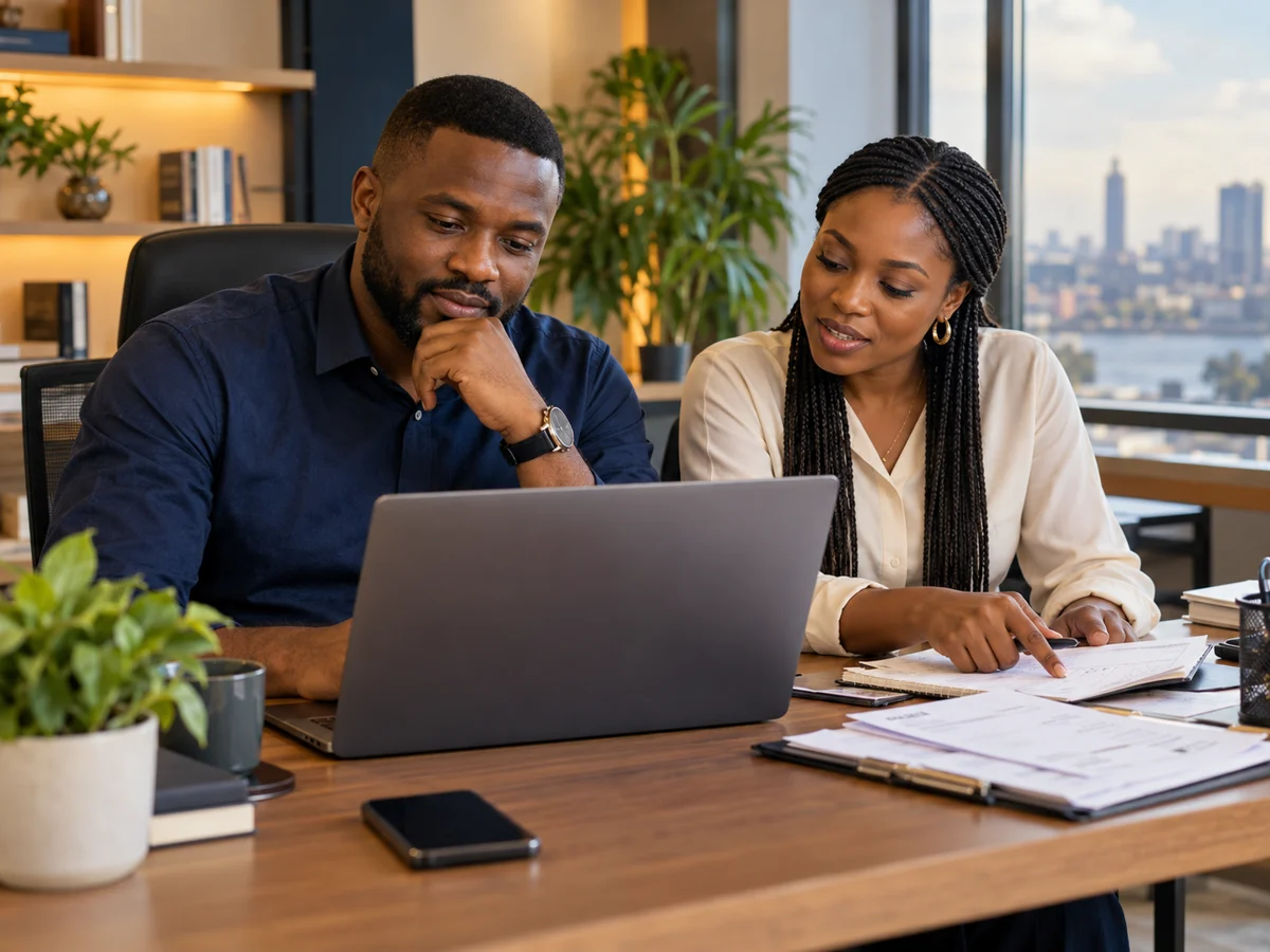 Illustrative scene of Nigerian business owners reviewing a laptop and planning a clearer workflow