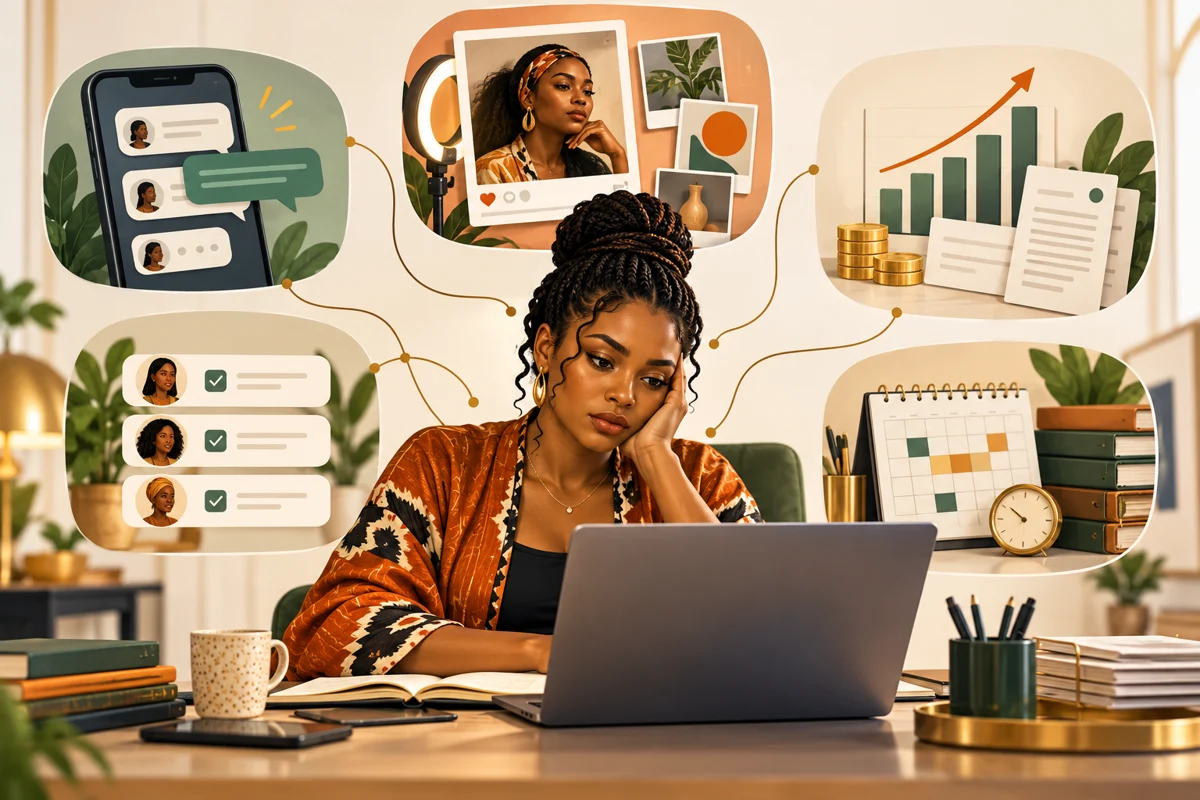 Illustration of one online business owner juggling customer replies, content marketing, sales, staff tasks and administration